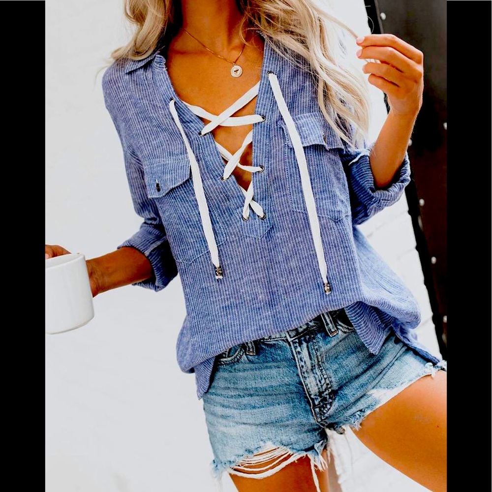 Sexy Pinstripe V Neck Shoelace Laced ⬆️ Front W/Breast Pockets Loose Fit Shirt - Picture 3 of 8
